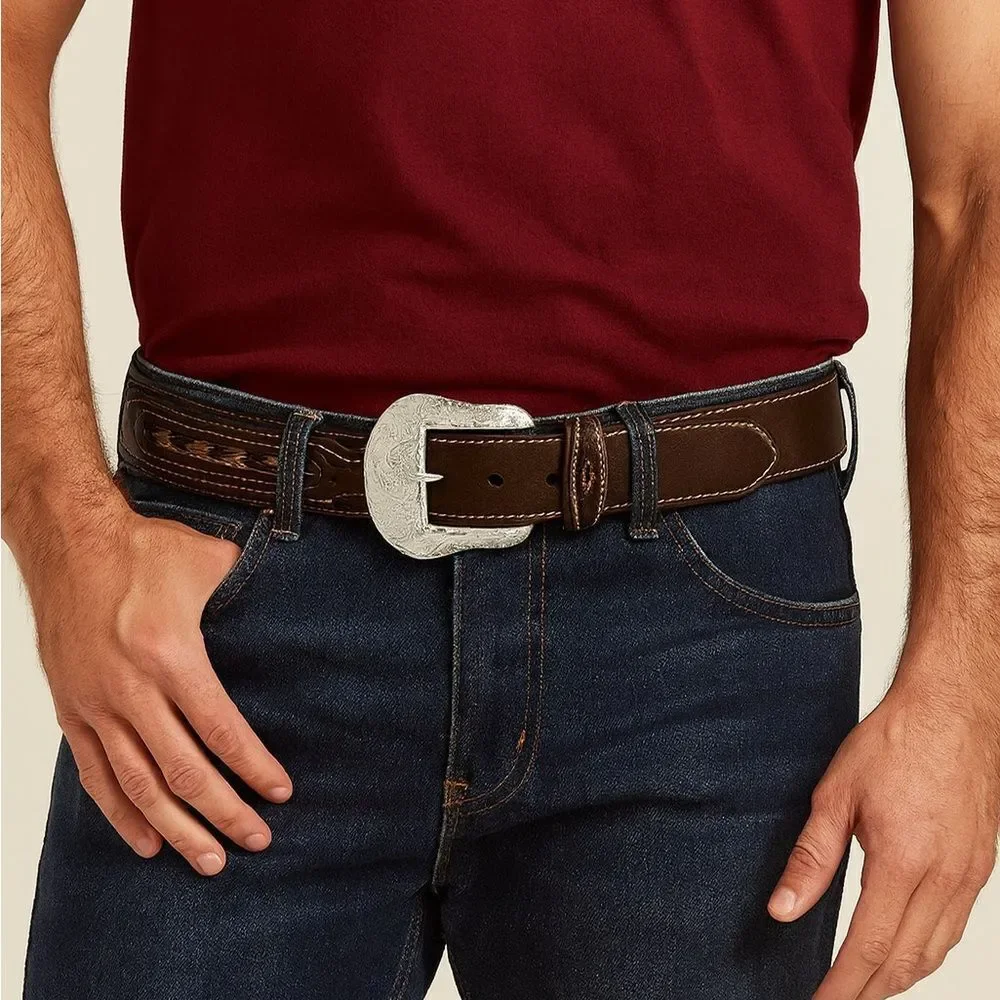 NOCONA MENS FABRIC INLAY AND CONCHOS LEATHER BELT